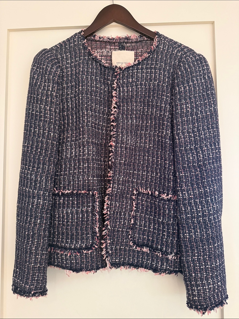 Rebecca Taylor Navy & Pink Tweed Collarless Blazer